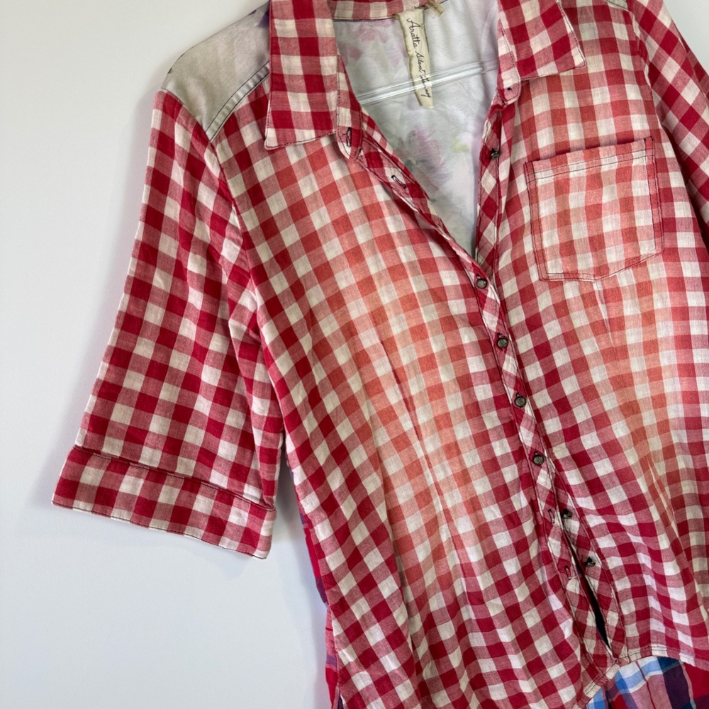 Aratta Silent Journey Button Down Women M Red Gingham Floral Embroidered Back - Picture 4 of 16